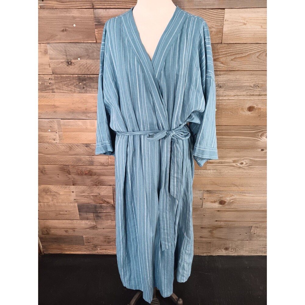 Nordstrom Blue Striped Robe Women's Sz. 3X Belt Linen Blend Leisure Lux EUC